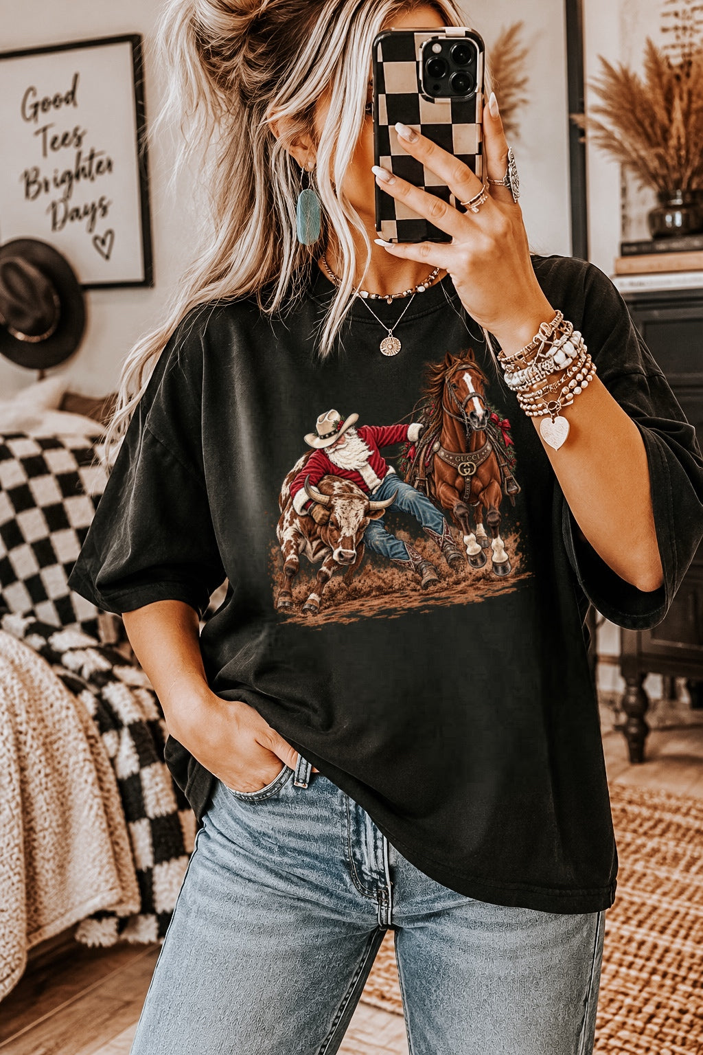 Cowboy Santa Bull Wrestling Rodeo Graphic Shirt