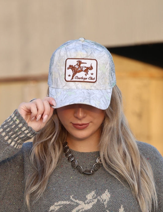 "Cowboys Club" Cowboy & Horse Embroidered Patch Mesh Cap — Wild West Charm with Adjustable Snapback