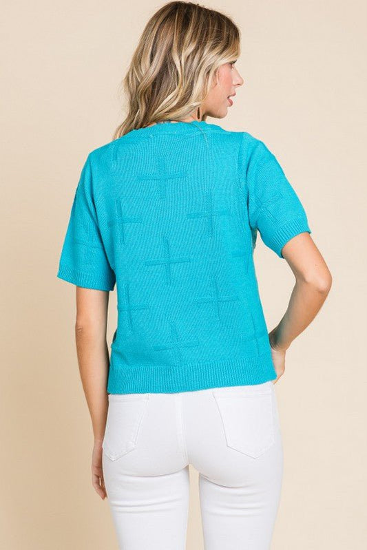 Jodifl Crosses Textured Knit Western Top — U-Neck Short Sleeve Summer Layering Piece