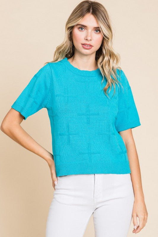 Jodifl Crosses Textured Knit Western Top — U-Neck Short Sleeve Summer Layering Piece
