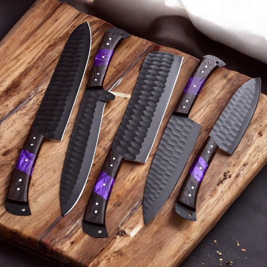 Handmade Damascus Kitchen Knives with Leather Roll