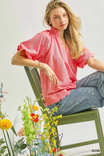 Umgee Scalloped Hem Textured Blouse