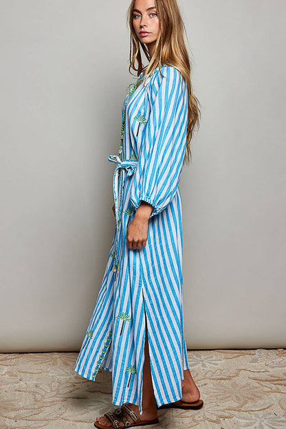 Palm Tree Embroidery Lightweight Striped Maxi Dres