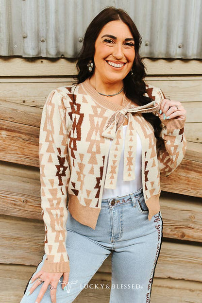 Cream Mocha Aztec Knit Sweater Cardigan Front Tie Sweater XL-3XL