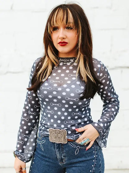 Navy Polka Dot Horse Bit Mesh Top