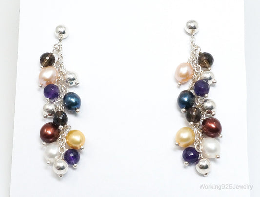 Vintage Italian Designer Multi Gem Sterling Silver Earrings