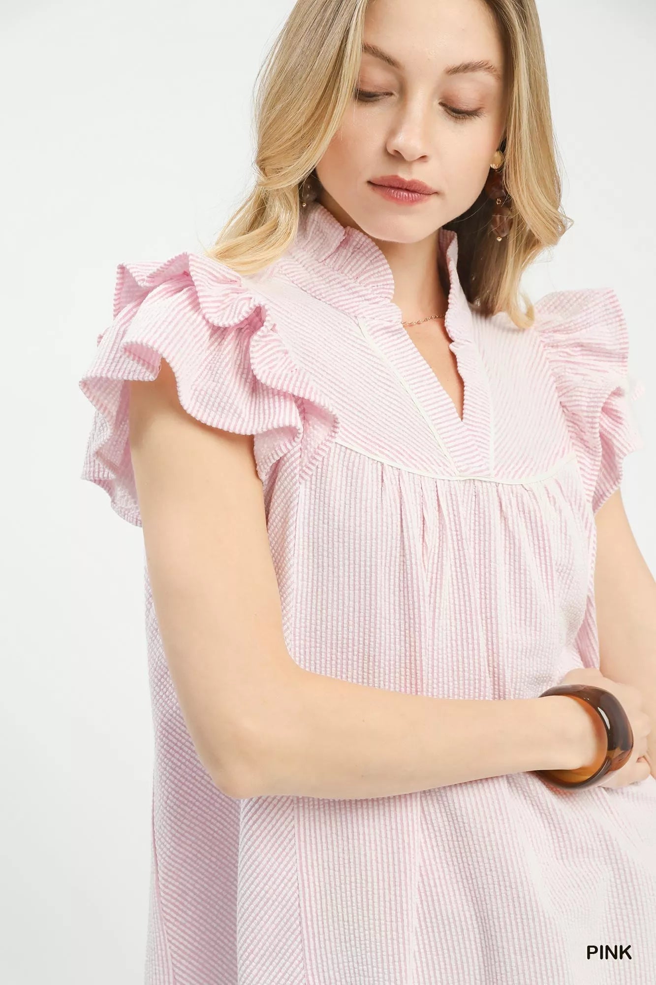 Umgee Ruffled Sleeve Textured Blouse in Pink