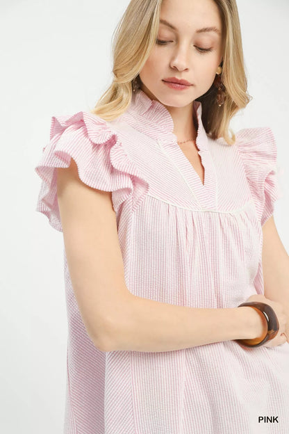 Umgee Ruffled Sleeve Textured Blouse in Pink