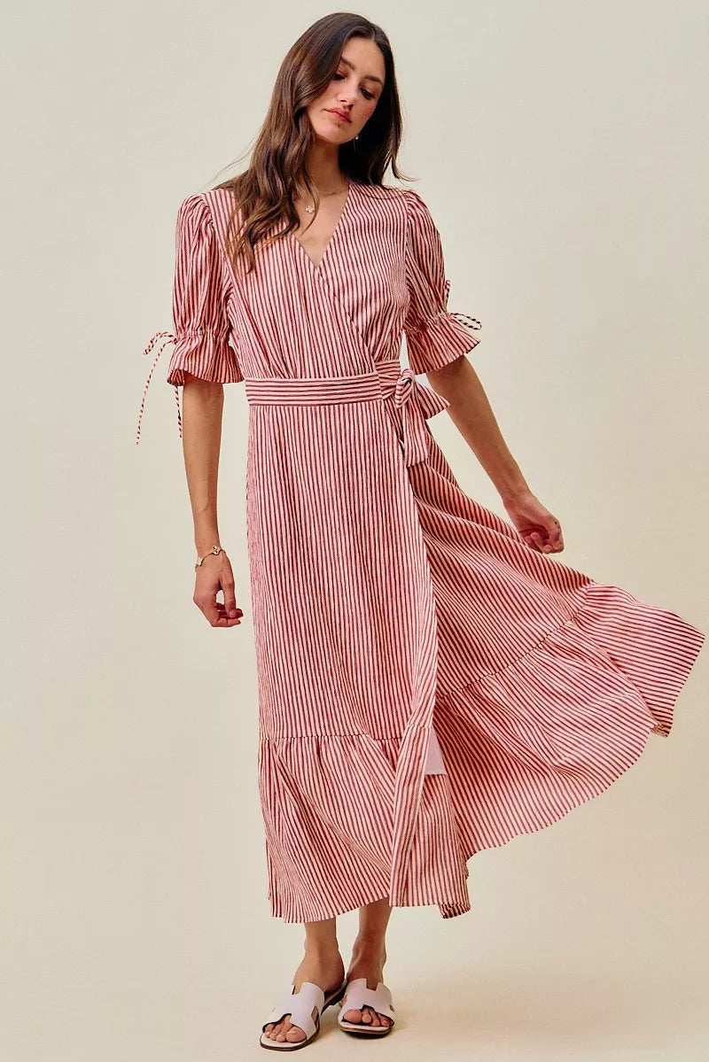 SO ME Stripe Textured Short Sleeves Lined Wrap Midi Dress
