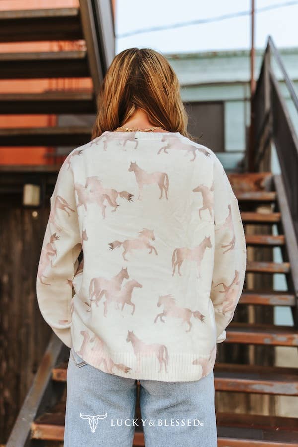 Ivory Soft Knit Sweater W Tonal Horse Detail XL-3XL