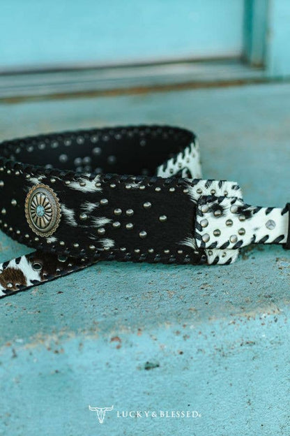 Black Cowhide Genuine Leather Studded Wide Belt