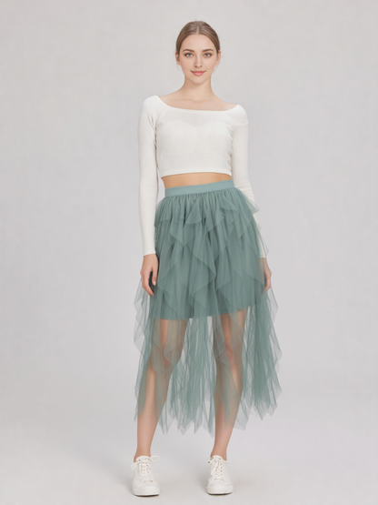 Layered Tulle Waterfall Midi Skirt