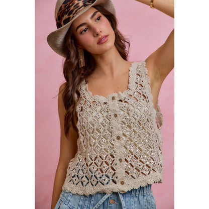 Sequin Diamond Crochet Lace Button-Down Vest Top