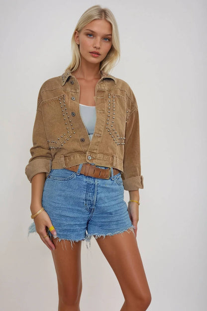 STUDDED CROPPED WASHED DENIM JACKET