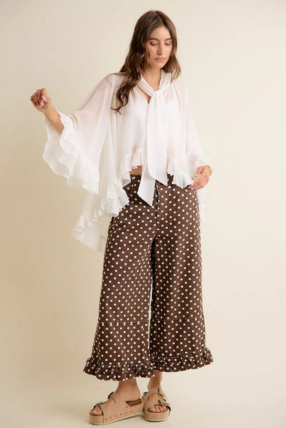 SO ME Sheer Ruffle Bell Sleeves Bow Tie Flowy Blouse Top