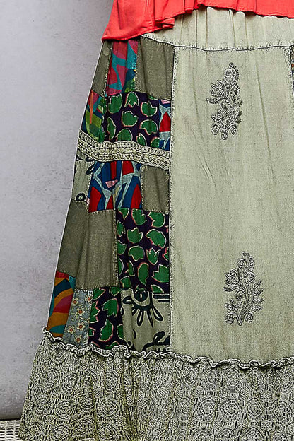 POL Printed Patchwork Embroidered Ruffled Skirt