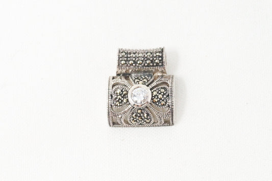Vintage Marcasite Art Deco Cubic Zirconia Sterling Silver Necklace Pendant