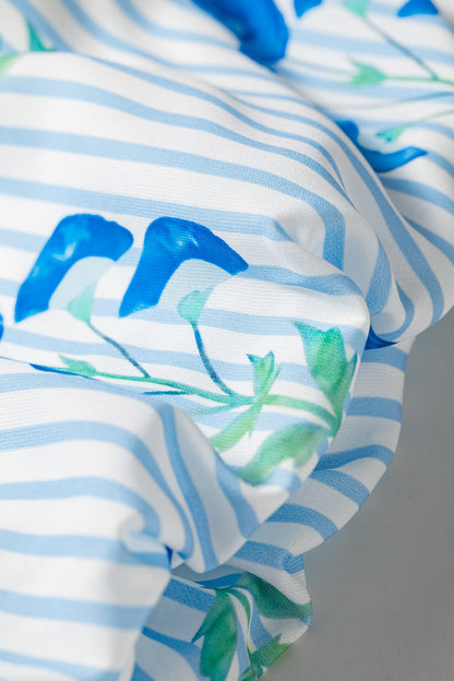 Sky Blue Floral Print Tie Neck Puff Sleeve Blouse