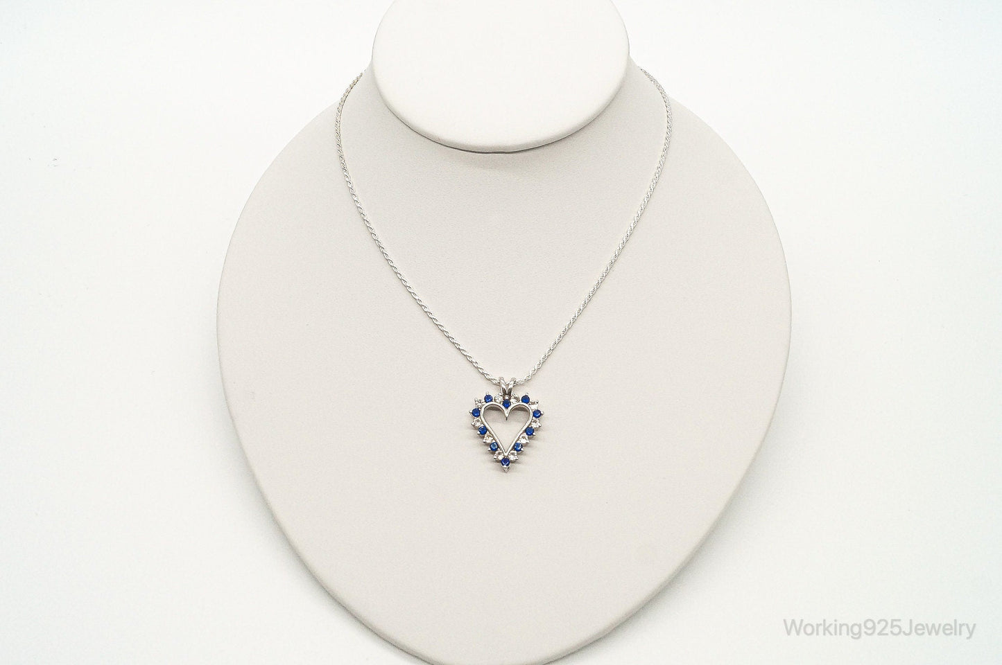 Blue & White Cubic Zirconia Heart Sterling Silver Necklace