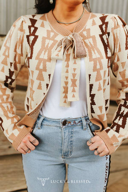 Cream Mocha Aztec Knit Sweater Cardigan Front Tie Sweater