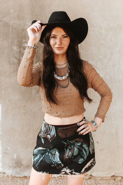Taupe Pearl Studded Long Sleeve Crop Top