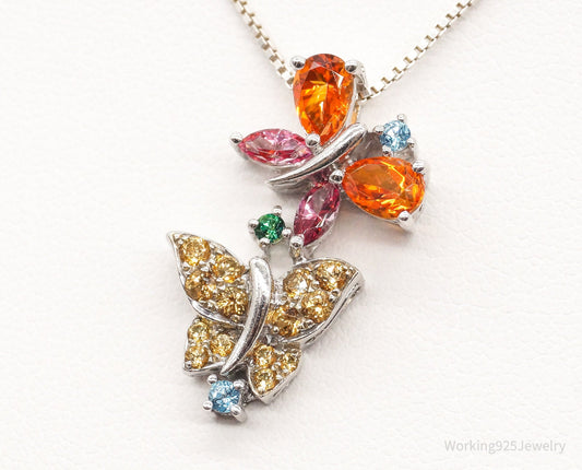Vintage Multiple Gemstone Butterflies Sterling Silver Necklace
