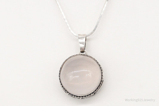 Vintage Large Rose Quartz Sterling Silver Necklace