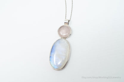 Vintage Large Moonstone Rose Quartz Sterling Silver Southwestern Necklace