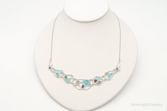 Amethyst Blue Topaz Turquoise Modernist Sterling Silver Necklace