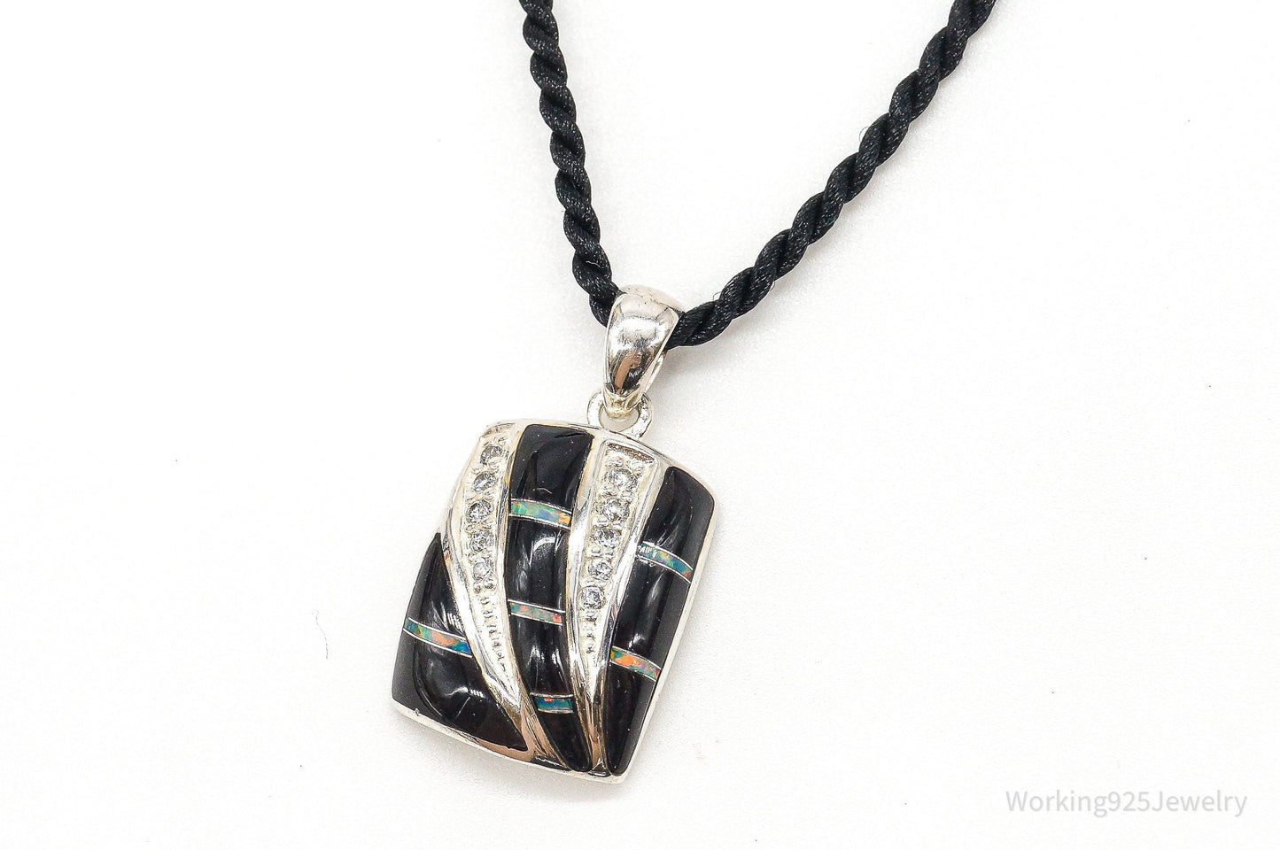Vintage ROX Opal Cubic Zirconia Black Onyx Sterling Silver Necklace