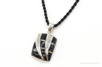 Vintage ROX Opal Cubic Zirconia Black Onyx Sterling Silver Necklace