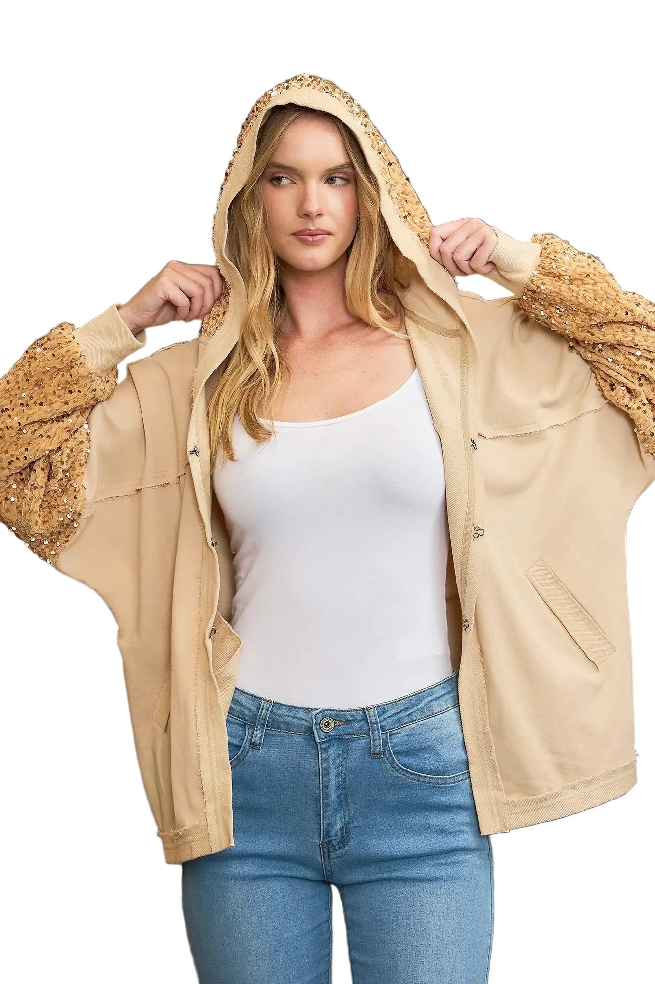 Garden Naked Womens Casual Bomber Jacket Sequin Embellished Hooded Cardigan Sparkly Beige Evening Party