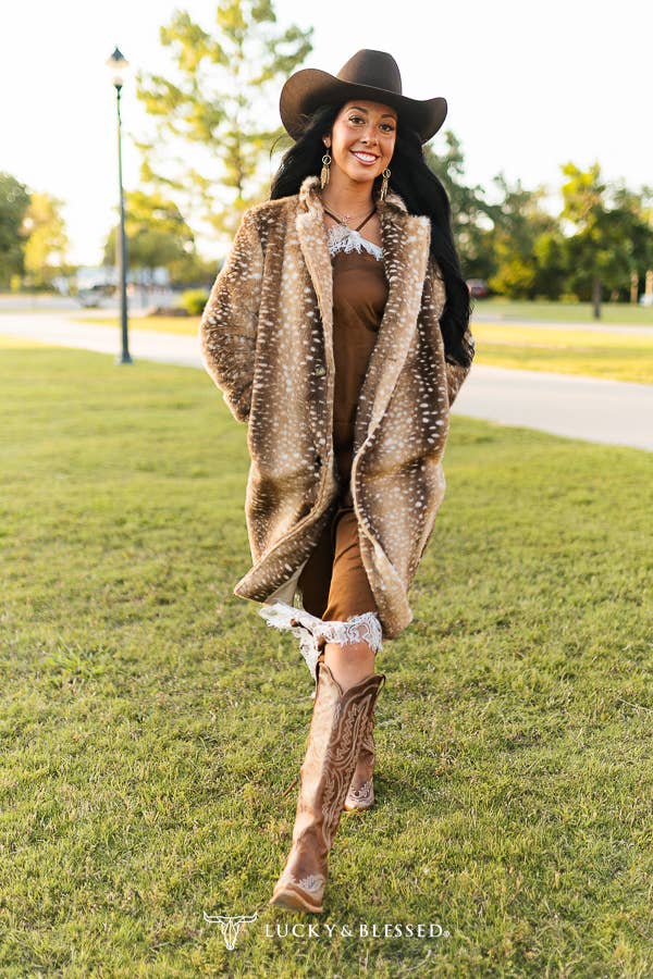 Brown Deer Faux Fur Western Longline Coat