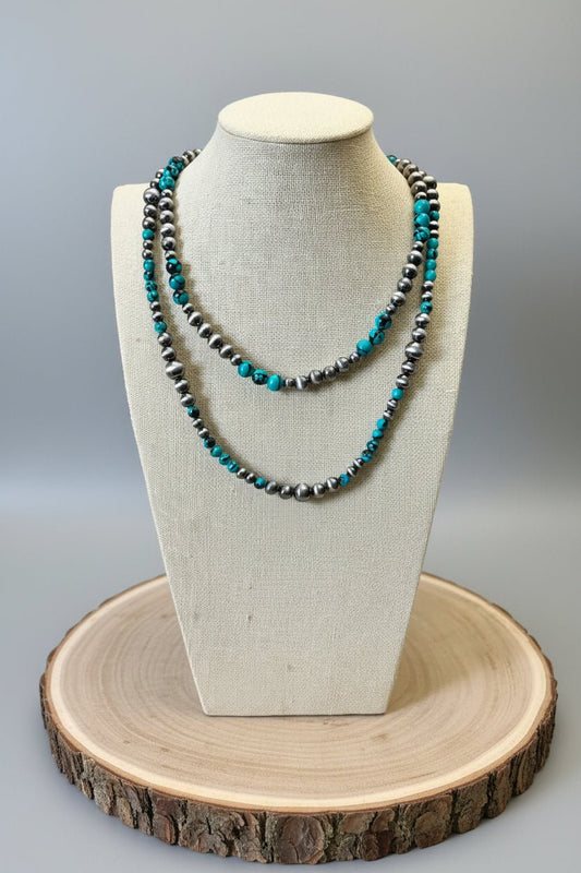Desert Dream Western Layered Necklace Set — Faux Pearl & Turquoise (18" & 22")