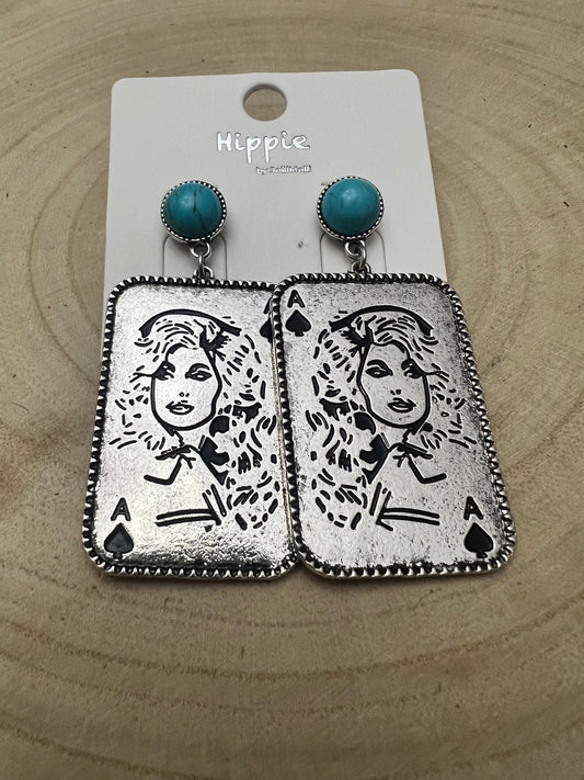 Dolly Card Theme Western Dangle Earrings with Faux Turquoise Stone — 2½" Drop
