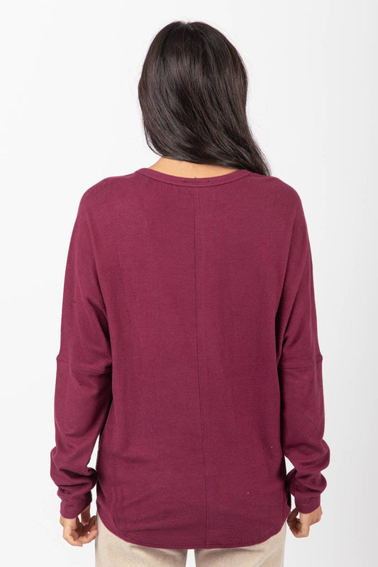 VERY J Dolman Sleeve Oversized Comfy Knit Western Top — Wine Color with Drop Shoulder (Small available)