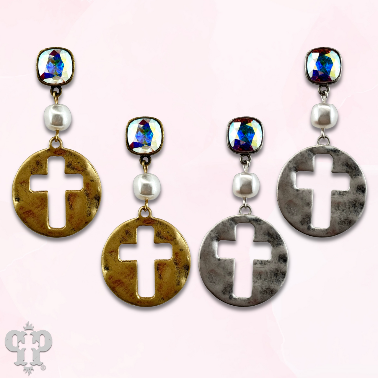 Cross medallion earring with Austrian crystal