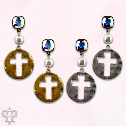 Cross medallion earring with Austrian crystal