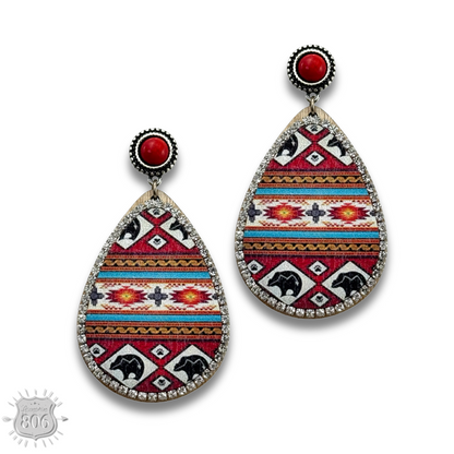 Western print wood teardrop earring, last call