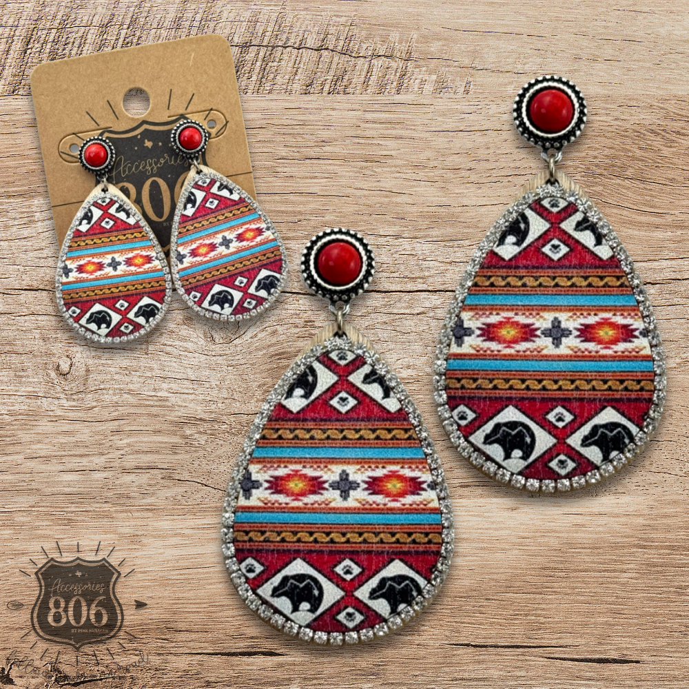 Western print wood teardrop earring, last call