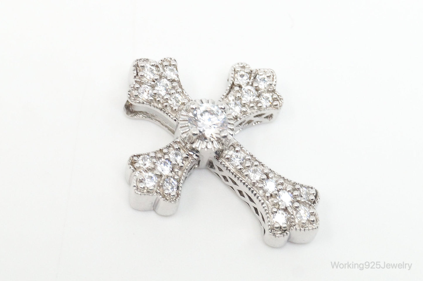 Vintage Designer MEDA Cubic Zirconia Cross Sterling Silver Necklace Pendant