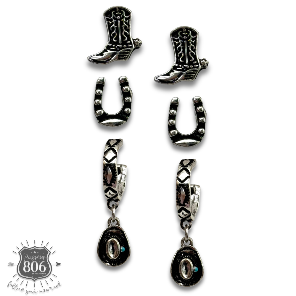 Western silver charm and post earring set - LC
