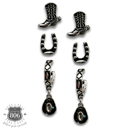 Western silver charm and post earring set - LC
