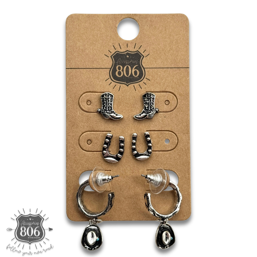 Western silver charm and post earring set - LC