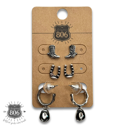 Western silver charm and post earring set - LC