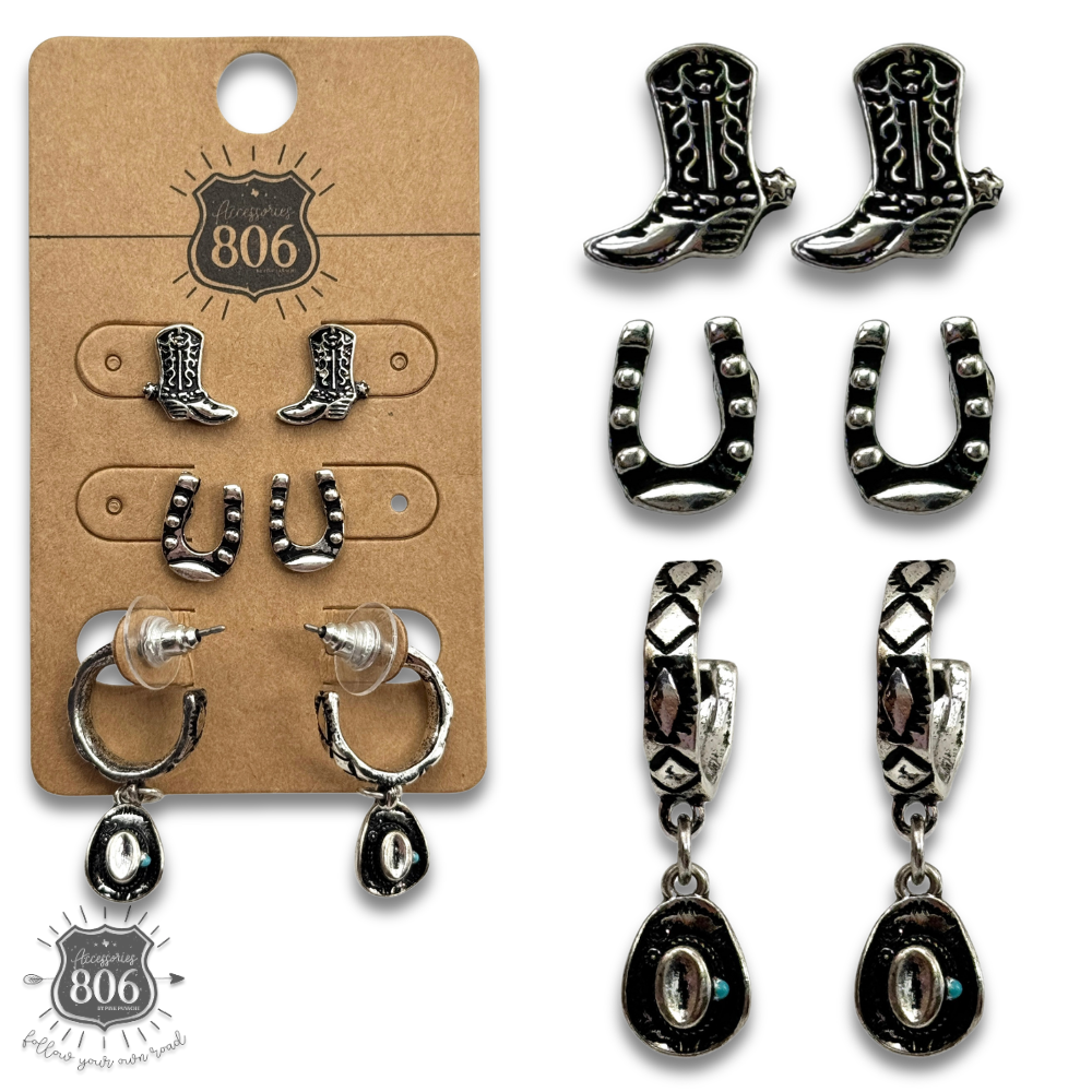 Western silver charm and post earring set - LC