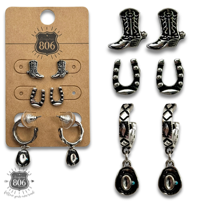 Western silver charm and post earring set - LC