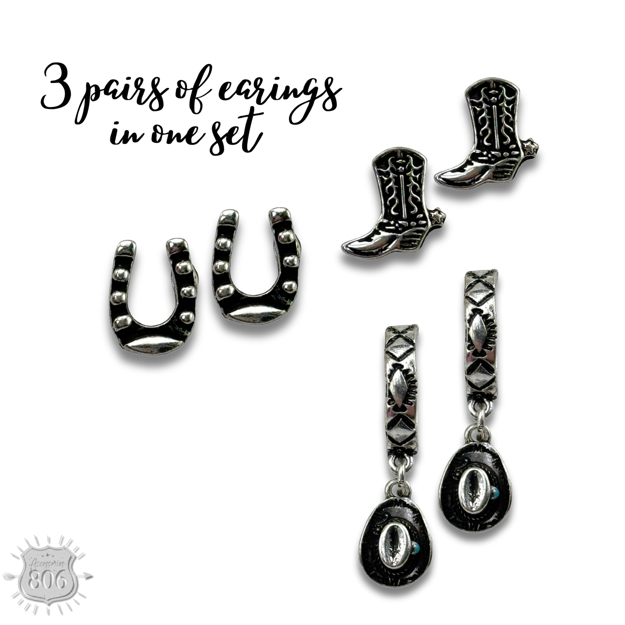 Western silver charm and post earring set - LC