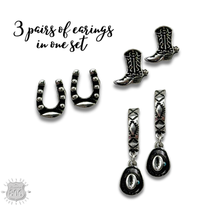 Western silver charm and post earring set - LC