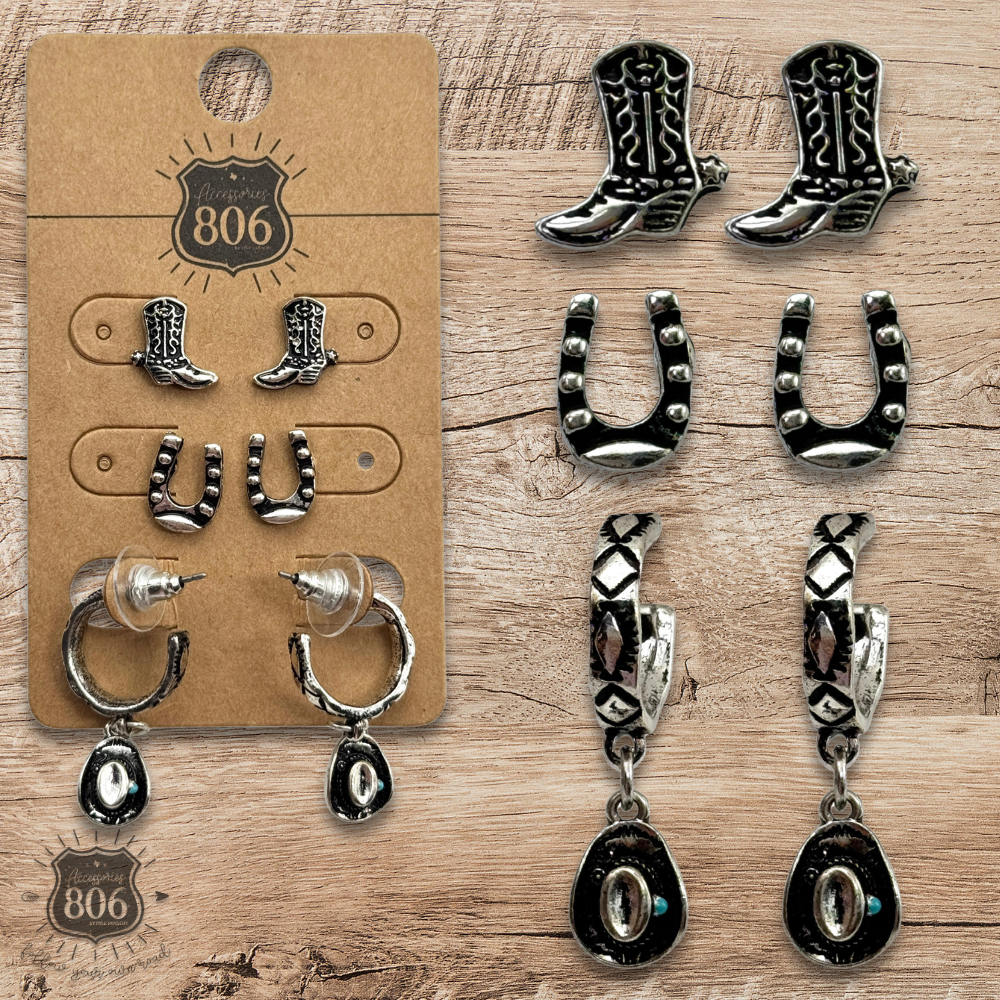 Western silver charm and post earring set - LC